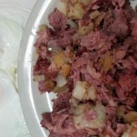 Corned Beef Hash & Eggs · Housemade Corned Beef Hash, Chopped and Sauteed w/ Home Fried Potatoes and Onions. Your Choi...