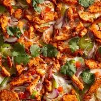 Tandoori Chicken · White garlic sauce, cheese, bell pepper, red onion, diced tomatoes, tandoori chicken, cilantro