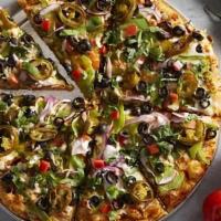 Curry Veggie Delight · Curry sauce, cheese, mushroom, bell pepper, red onion, diced tomatoes, black olive, jalapeno...
