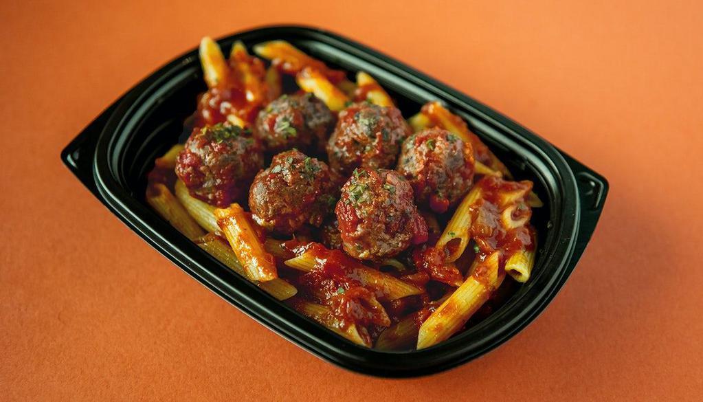Italian Meatball Penne Bowl · Beef, veal, pork & ricotta meatballs tossed with chunky Italian marinara sauce. Served on a bed of penne pasta.