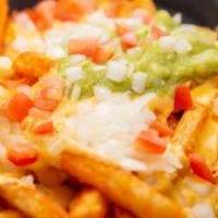 Buffalo Chicken Loaded Fries · Buffalo Chicken, melted cheese, onions, and cilantro, served on a bed of perfectly seasoned ...