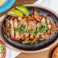 Chicken Fajitas  · served w/ rice and choice of beans, pico de gallo, guacamole and 3 tortillas