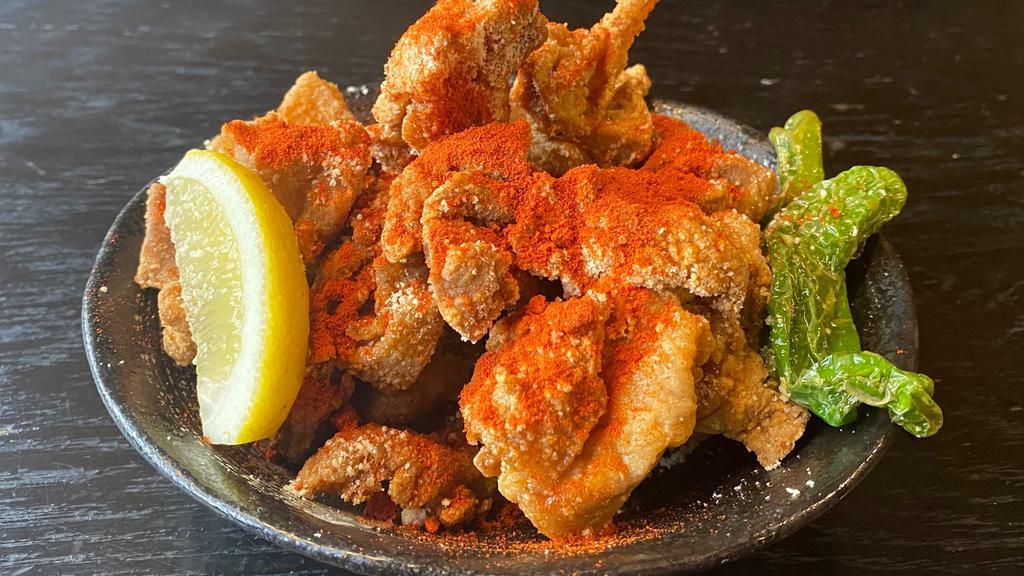 Spicy Chicken Karaage  · Fried boneless chicken with spicy powder on top and mayo on the side