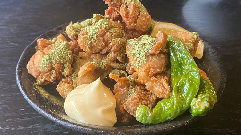 Matcha Chicken Karaage  · Fried boneless Chicken with Matcha powder on top and mayonnaise on the side