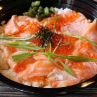 Salmon Meshi · Seared salmon sashimi and salmon roe served on crunchy skillet rice. Due to current ikura (s...