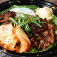 Yakiniku Don · Sliced beef, kimchi,and poached egg over rice