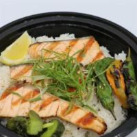 Salmon Shioyaki Don  · Grilled salted salmon over rice topped with green onions and sesame seeds