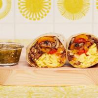 Philly Cheesesteak Breakfast Burrito · Two scrambled eggs, chopped steak, grilled onions and peppers, sauteed mushrooms, pico de ga...