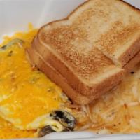 Sunrise Omelette · Ham, mushrooms and cheddar cheese omelette with hash browns and toast