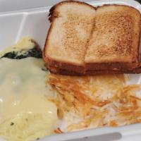 Egg Florentine Omelette · onions, mushroom and spinach omelette with hash browns and toast
