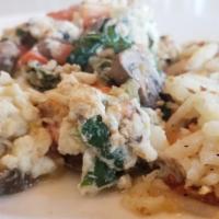 Egg White Scramble · Scrambled Egg Whites, Spinach, Tomato, Onion, Mushroom, Served with a Side of Hash Browns