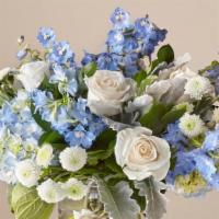Clear Skies · Blue Hydrangeas, White roses and other blue and white blooms