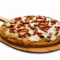 New Sensation · pesto sauce topped with extra mozzarella cheese and sun-dried tomatoes.