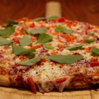 Harley Davidson · Thin crust pizza topped with red onion, fresh basil, feta cheese, and tomatoes.