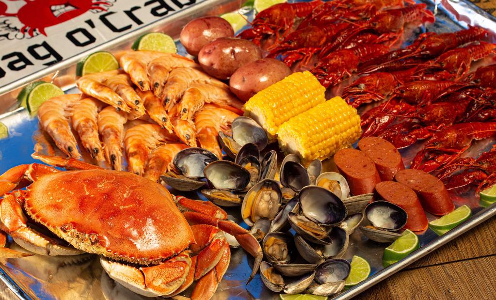 C4. One Dungeness Crab Combo with 1 Lb. Shrimp · Includes 1 lb. Clams, 1 lb. Craw-fish, 2 corns, 2 potatoes and 4 sausages slices. Shrimp served head on.
