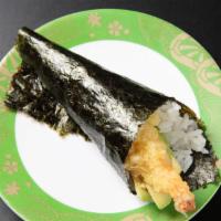 Shrimp Tempura Temaki · Shrimp tempura and avocado hand roll.