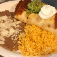 Chimichanga · Flour tortilla filled with beans, cheese and your choice of meat. Rolled and deep fried. Top...