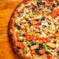 Supreme Chicken · Mushrooms, olives, green peppers, sliced tomatoes, chicken and cilantro.