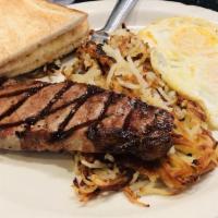 New York Steak and Two Eggs · Sterling angus beef, USDA choice 8 oz.