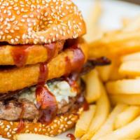 Code Blue Burger · Bacon, crumble blue cheese, onion ring, BBQ sauce.