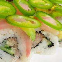 Hamachi Maki · hamachi, cucumber roll topped with hamachi sashimi, avocado, serrano & garlic miso sauce
