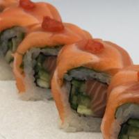 Yuyake  · salmon, cucumber roll  topped with salmon sashimi, shiso & yuzu aioli