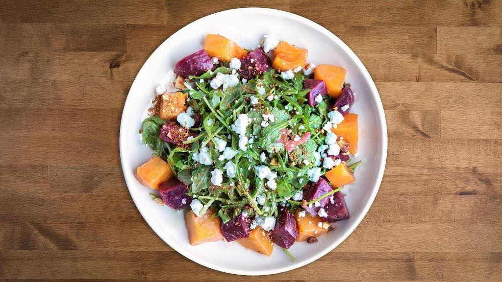 ROASTED BEETS · Roasted gold and red beets, kale, almonds, farro, avocado, goat cheese, balsamic vinaigrette. Allergies: Vinegar, Onions, Garlic, Avocado, Nuts. Dairy, Gluten (farro)
