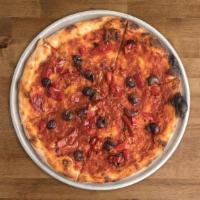 SPICY MARINARA PIZZA · Pizza Tomato Sauce, Taggiasca olives, chili flakes, calabrese peppers. NO CHEESE. Vegan as i...
