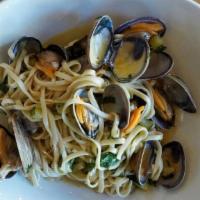 FRUTTI DI MARE · fresh linguine, Sauteed manilla clams, black mussels, prawns and squid. white wine tomato sa...