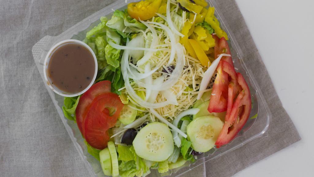 Greek Salad · Most popular. Romaine lettuce, tomatoes, cucumbers, red onion, greek olives, pepperoncinis and Feta cheese with balsamic vinaigrette.