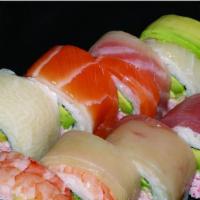 10. Rainbow · California roll topped with assorted fish and avocado.