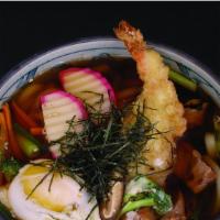 Moriawase Udon · Shrimp tempura chicken, fish cake, egg and vegetables.