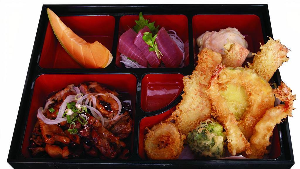 Deluxe Bento Box · Served with tempura, rice, miso soup, salad choose 2 items.