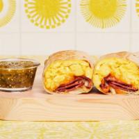 Turkey Bacon Breakfast Burrito · Two scrambled eggs, crispy turkey bacon, breakfast potatoes, and melted cheese wrapped in a ...