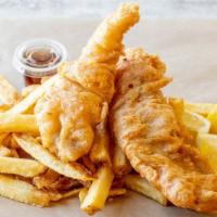 Fish ＆ Chips · Beer-battered local rock cod, served with thrice-cooked fries, curried tartar and chippy sau...