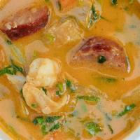 Smoked tomato and cod chowder . · Smoked tomato , Beer Brat, Shrimp, Cod,  butter and herb. It is velvety and rich. 
16 oz