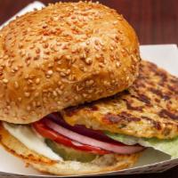 Veggie Burger · Gardenburger, mayo, mustard, tomato, pickle, lettuce, onions on a sesame seed bun.