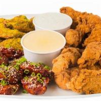 The Chicken Coop · 20 wings with two flavors, 10 tenders, carrots and celery, two 6oz dipping sauces.