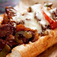 Spicy Philly Cheesesteak · Spicy! Fresh philly cheesesteak marinated with spices, mushrooms, green bell peppers, onions...