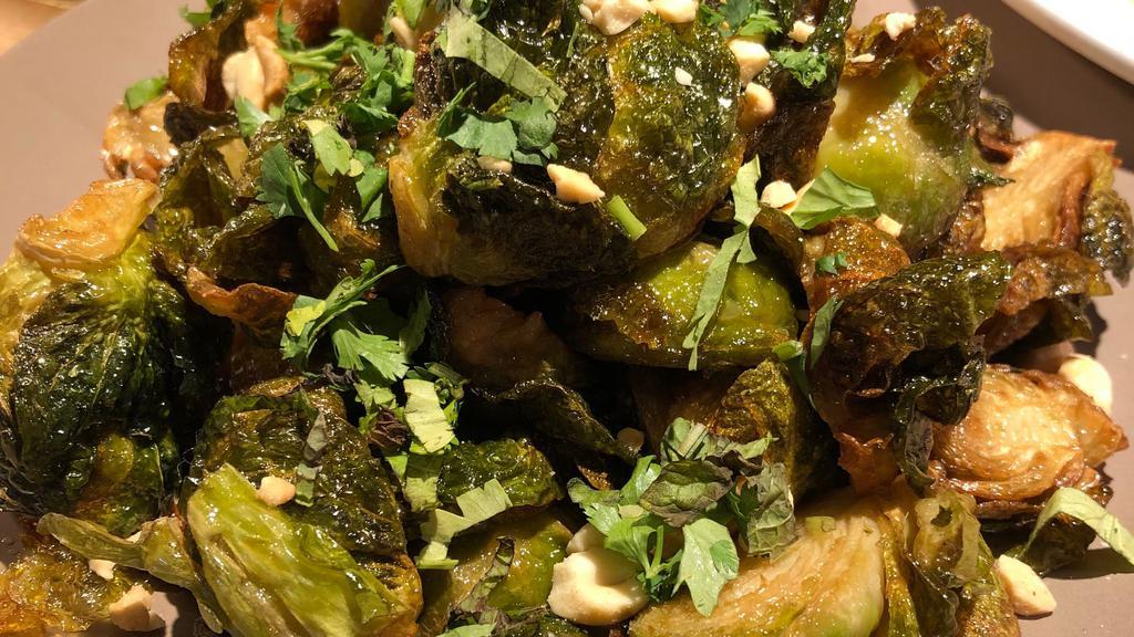 Crispy Brussels Sprouts · Gluten free. Chili, Lime, Ginger, Fish Sauce, Cilantro, Mint, Peanuts. (Cannot be made without Fish Sauce or Chili)