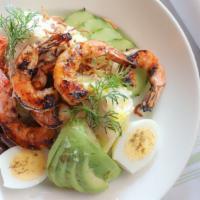 Shrimp Louie Small · Asparagus, Avocado, Cucumber, Crispy Shallots, Egg, Tomato, Olives, 3 Grilled Shrimp.
Gluten...