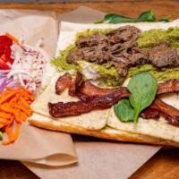 MR.L · Brisket, bacon, cheese, pesto, red onions, red bell pepper, carrot, radish, spinach, lemon, ...