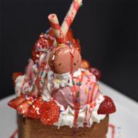 Strawberry Party Bread House · Our Strawberry Party Bread House comes with two scoops strawberry ice cream. Fresh cut straw...
