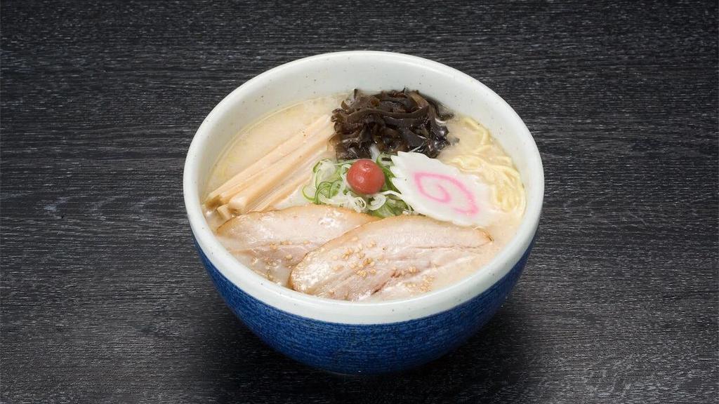 Shio Ramen · Our classic flavor with salt. Topped with roasted pork, scallions, bamboos, cloud ear mushrooms, fish cake, pickled ume, sesame seeds.