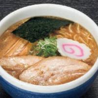 Soy Ramen · Soy sauce flavored ramen topped with roasted pork, scallions, bamboos, fish cake, roasted se...