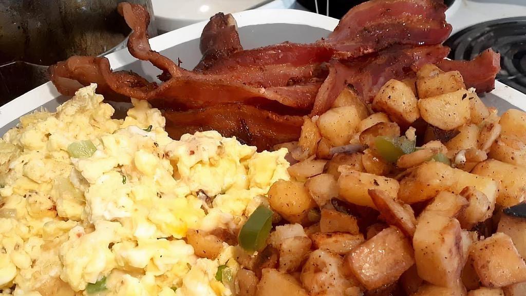 Traditional Breakfast · Your choice of bacon, turkey bacon, pork or turkey, or chicken sausage 
home fries, and scrambled eggs.