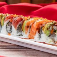 Iceland Roll (6 pcs) (Raw) · Crab, avocado, assorted fish with spicy scallop on top.