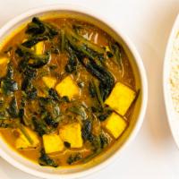 Palak Paneer · Sautéed paneer and spinach dish, served with rice.
Gluten free.