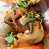 Saltado de Hongos · Gluten-free, dairy-free. Mushrooms, red onions, tomatoes, served with rice, french fries.
