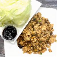 D. Chicken Lettuce Cup · Minced chicken sauteed with bamboo shoot, water chestnut, black mushroom, green onion and pi...